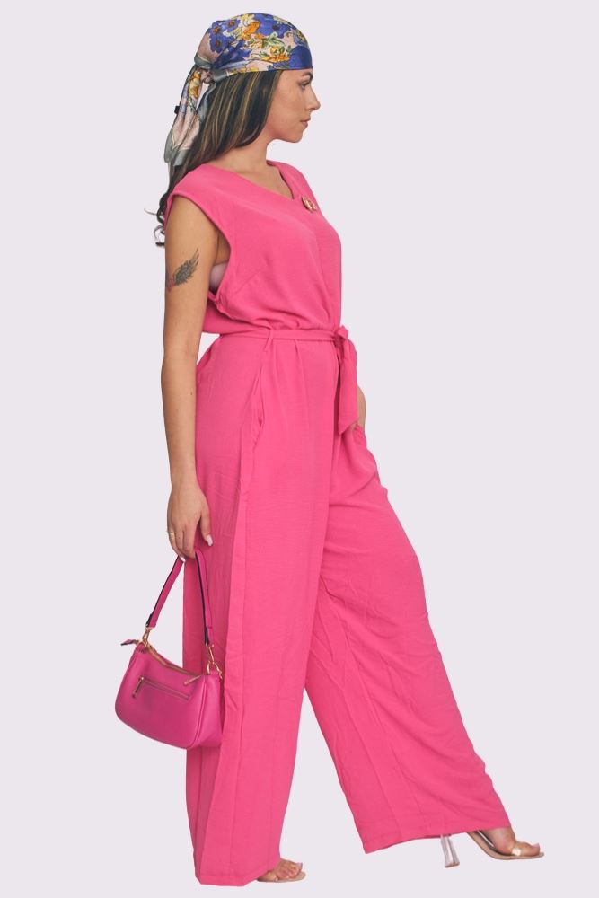 Plain Belted Pockets Wide Leg Jumpsuit