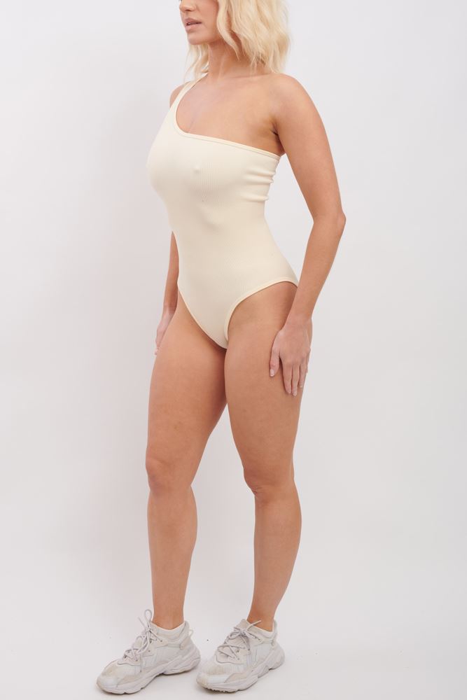 Plain One Shoulder Seamless Ribbed Nylon Bodysuit