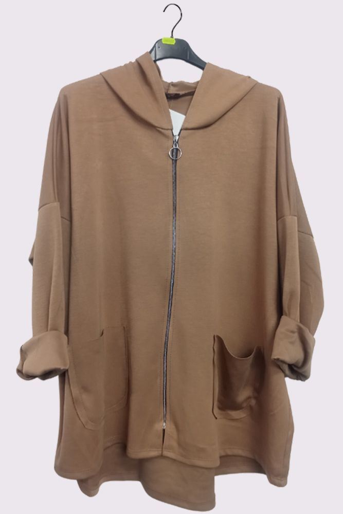 Oversized Zip Closure Dip Hem Hooded Jacket