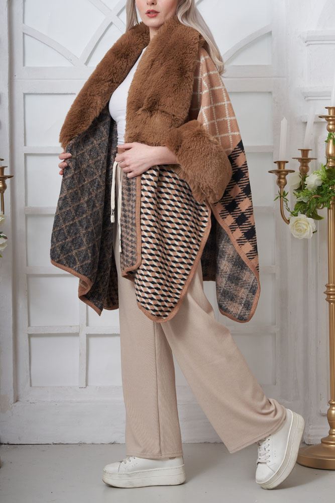 Check Pattern Faux Fur Wrap Over Poncho