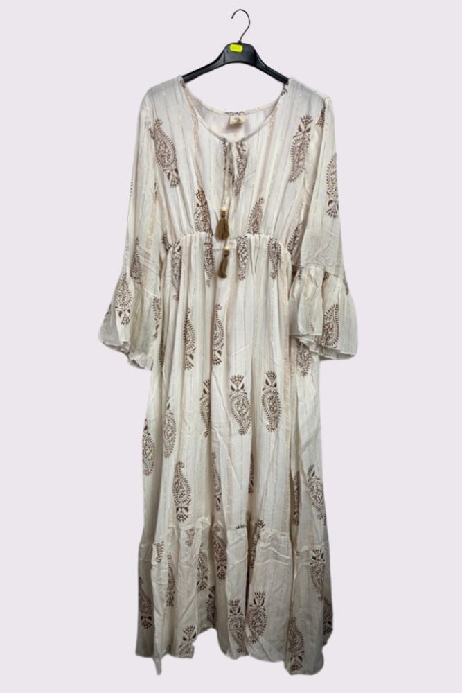 Paisley Print Round Neckline with Keyhole Tassel String Dress