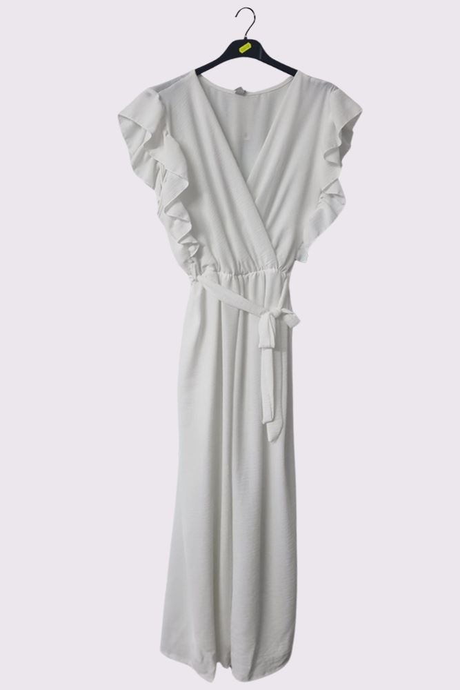 Plain Ruffle Sleeve Wrapover Belted Jumpsuit