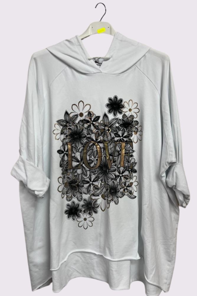 Love Flower Foil Print String Hoody High Low Hem Cotton Hoodie