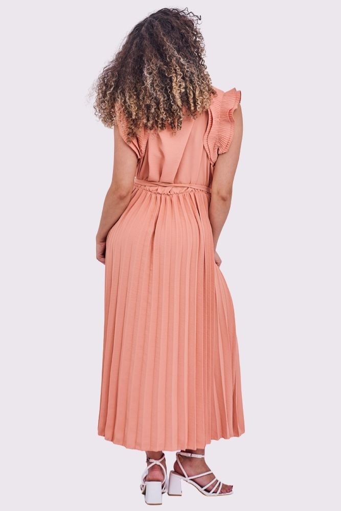 Plain Pleated Wrapover Belted Dress