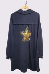 Sequin Star Back Button Closure Curved Hem