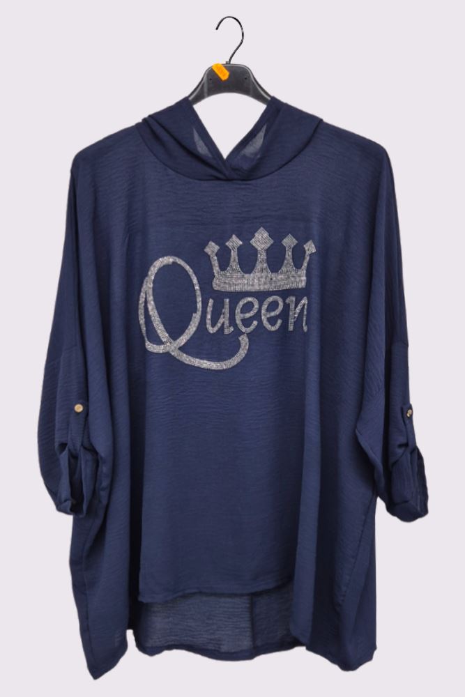 Diamante Queen Print Oversized Diphem Hooded Top