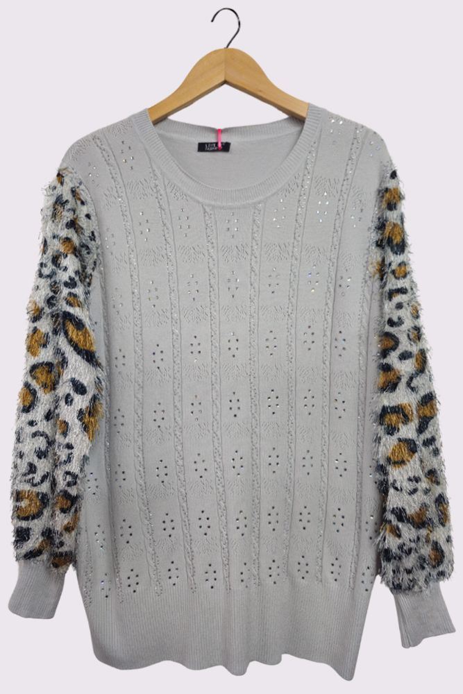 Diamante Pattern Leopard Faux Fur Soft Knit Jumper