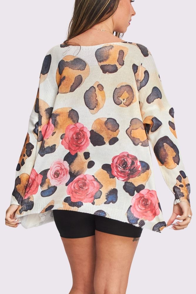 Leopard Splash Rose Print Knit Style Oversized Top