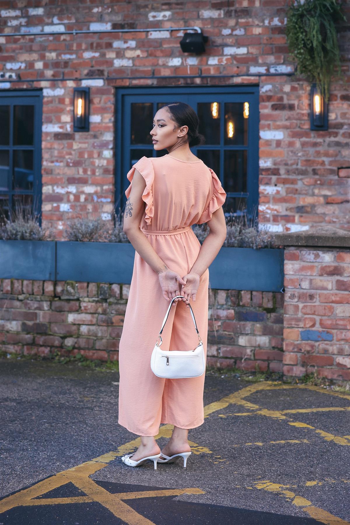 Plain Ruffle Sleeve Wrapover Belted Jumpsuit