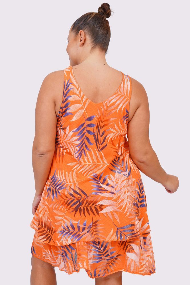 Tropical Leaves Print Layered Hem Cotton Dress