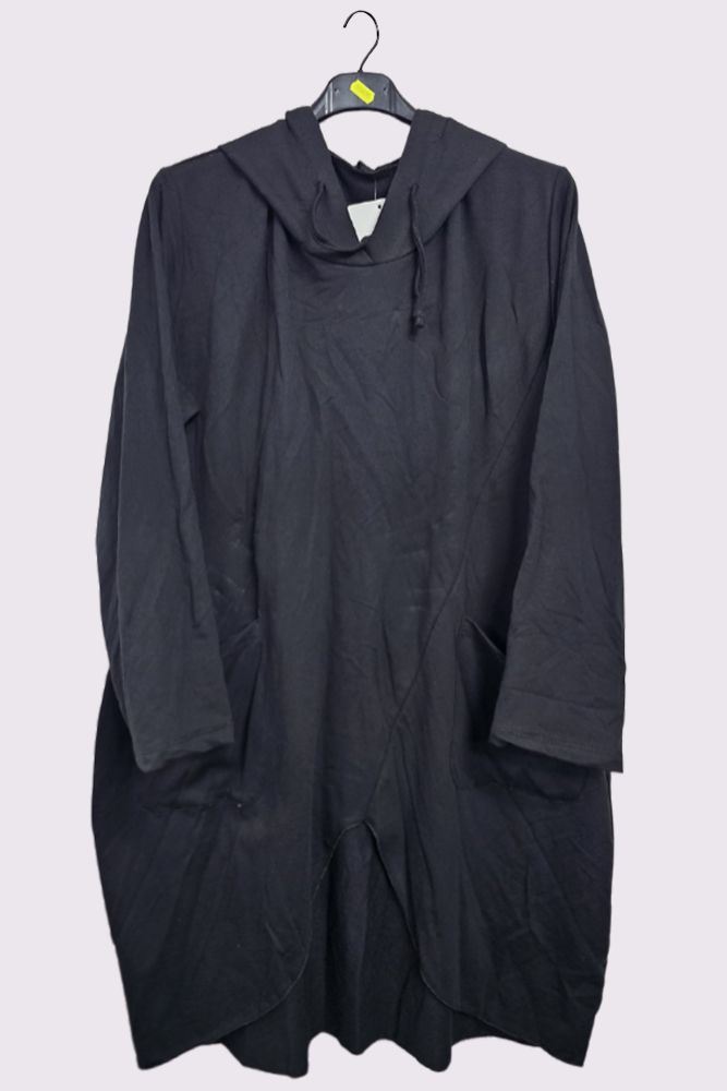 Oversized Front Pockets Cut Out Hem Cotton Hooded Top