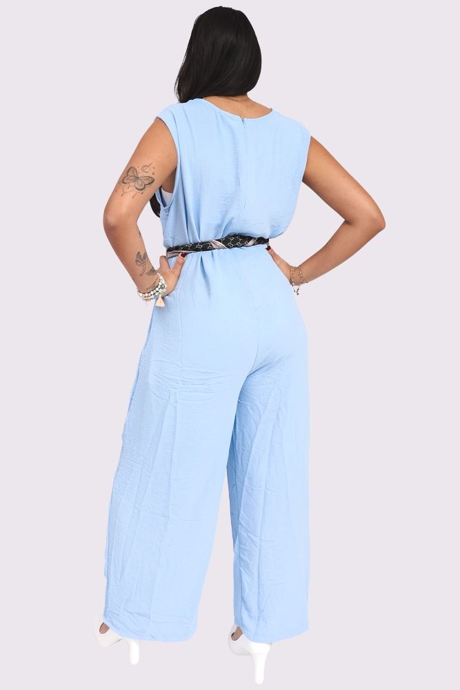 Plain Belted Pockets Wide Leg Jumpsuit