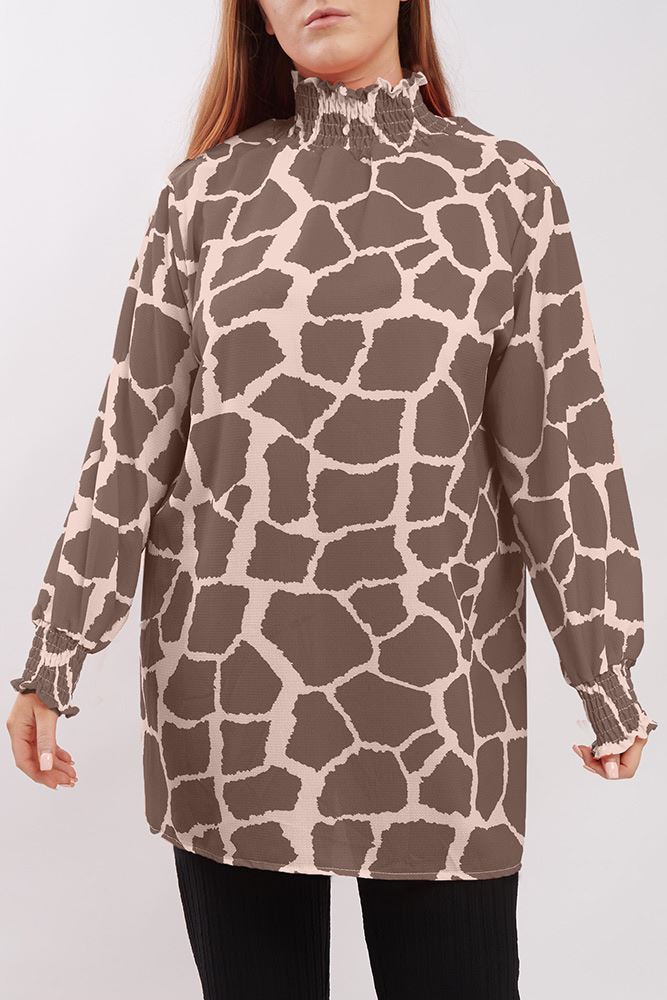 Giraffe Print Shirred Cuff Top