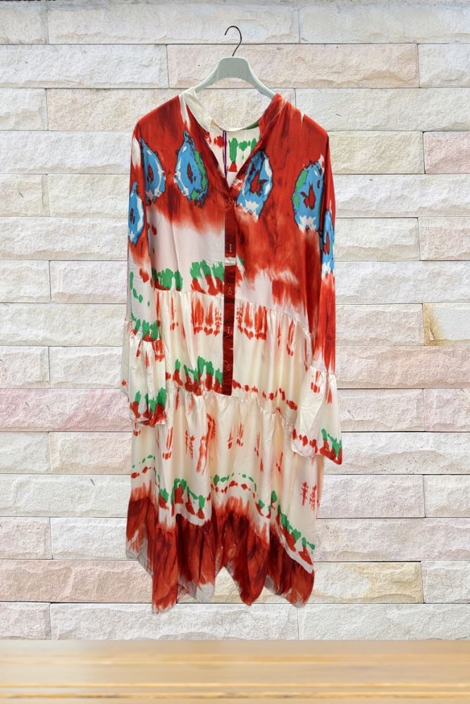 Tie Dye Print Button Up Tiered Flared Dress