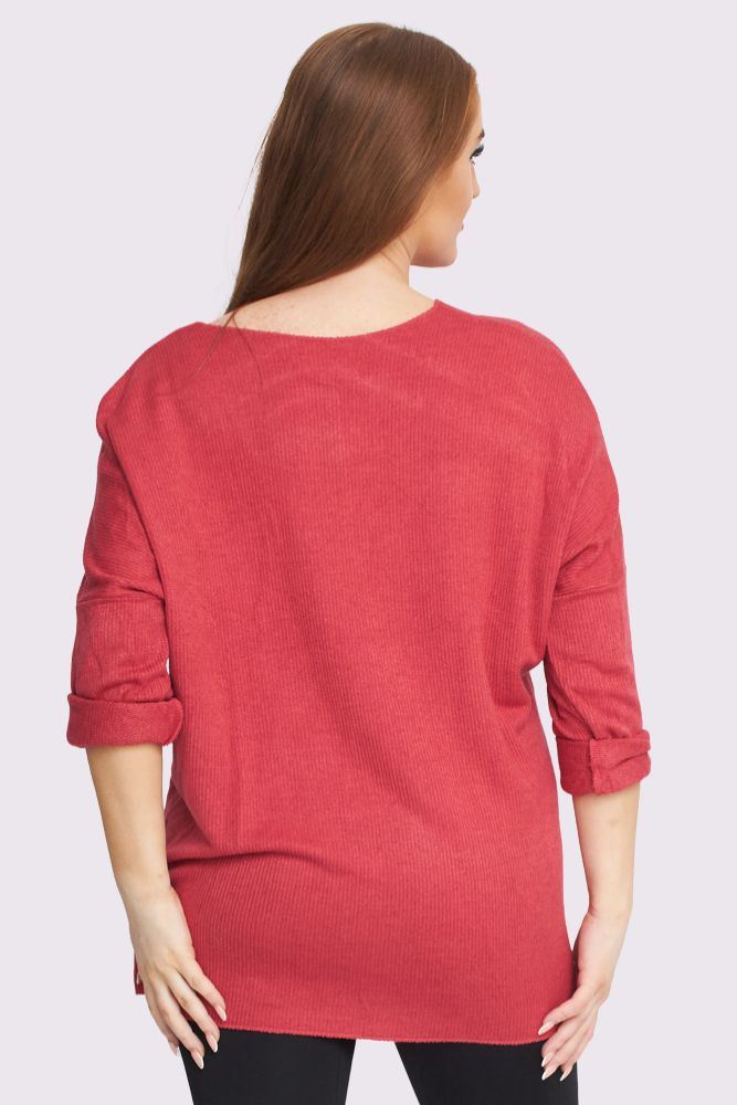 3 Heart Diamante Detail Soft Knit Ribbed Style Top