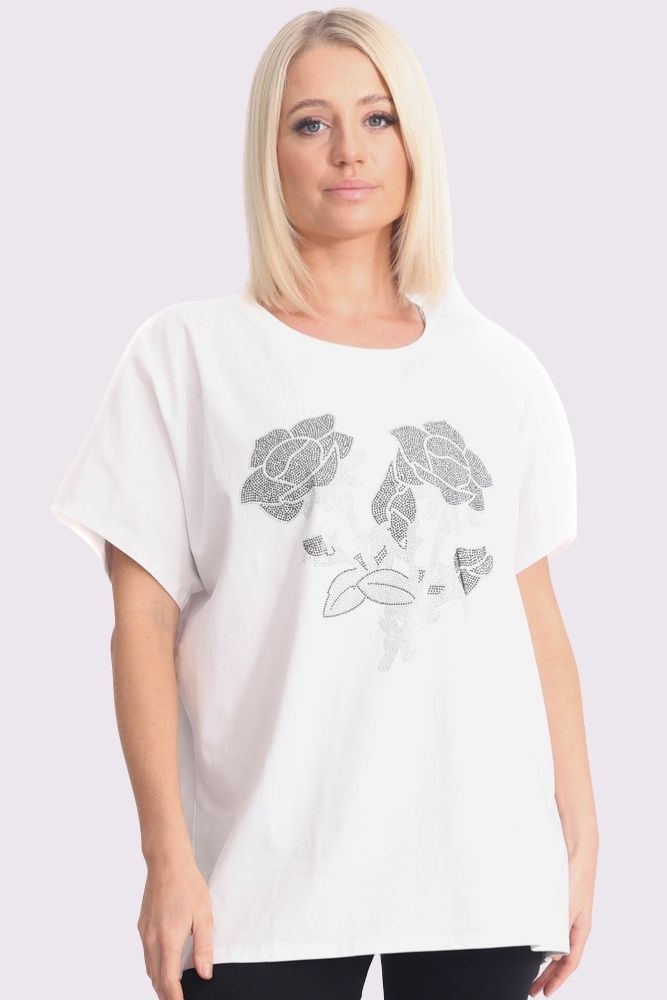 Cotton Top with Diamante Rose Floral Design