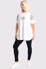 Diamante Leaf Pattern Side Slit Cotton Top