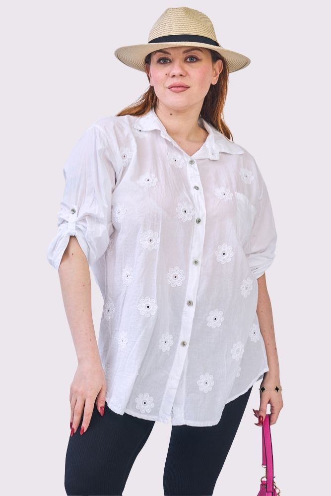 Floral Embroidered Pattern Front Pocket Cotton Shirt