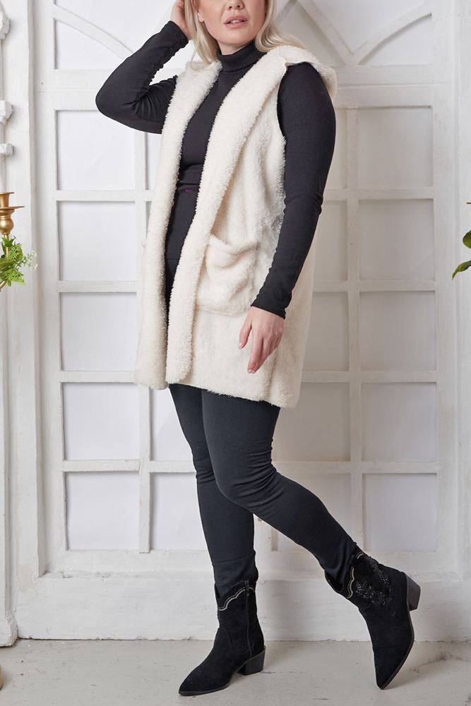 Plain Faux Fur Pocket Hooded Gilet