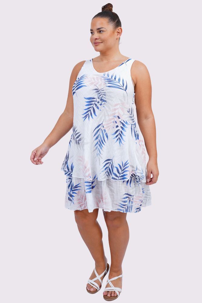 Tropical Leaves Print Layered Hem Cotton Dress