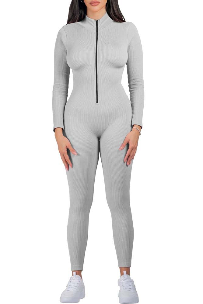 Plain Ribbed Zip Up Seamless Nylon Jumpsuit