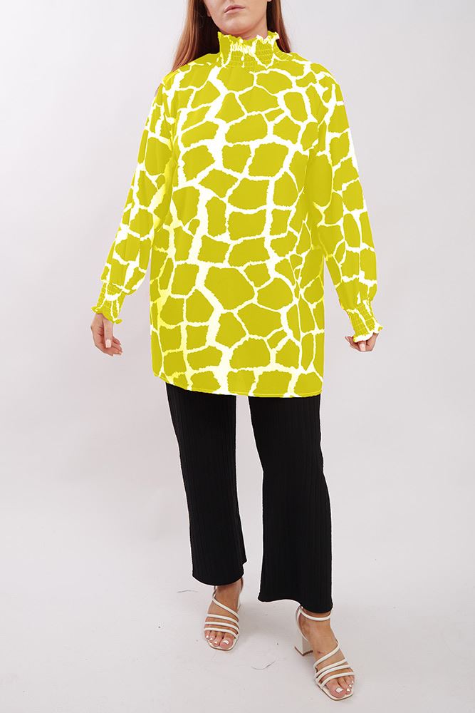 Giraffe Print Shirred Cuff Top