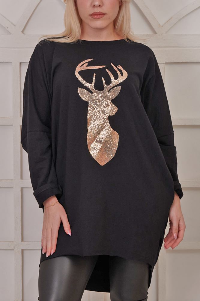 Sequin Reindeer Pattern XMAS Cotton Top