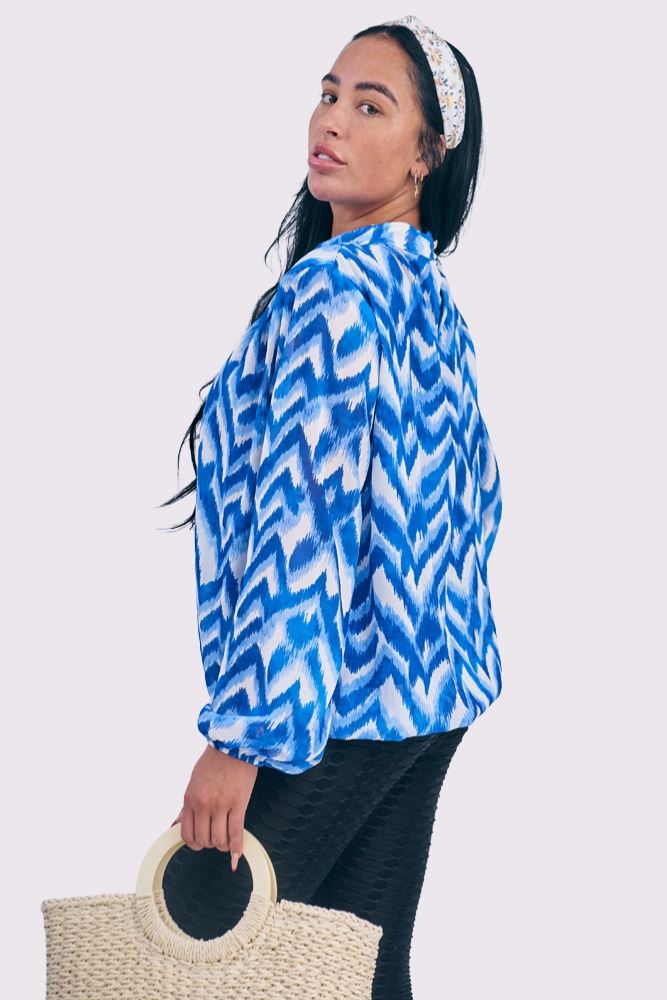 Abstract Print Balloon Sleeve Pleated Top