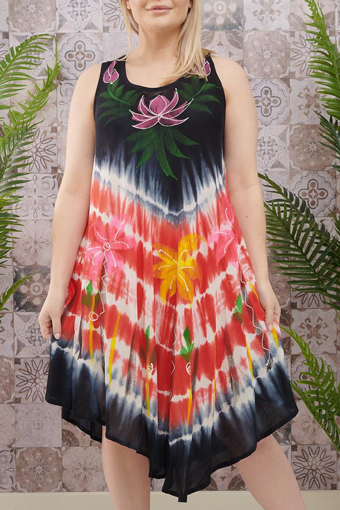 Palm Print Sleeveless Umbrella Dress