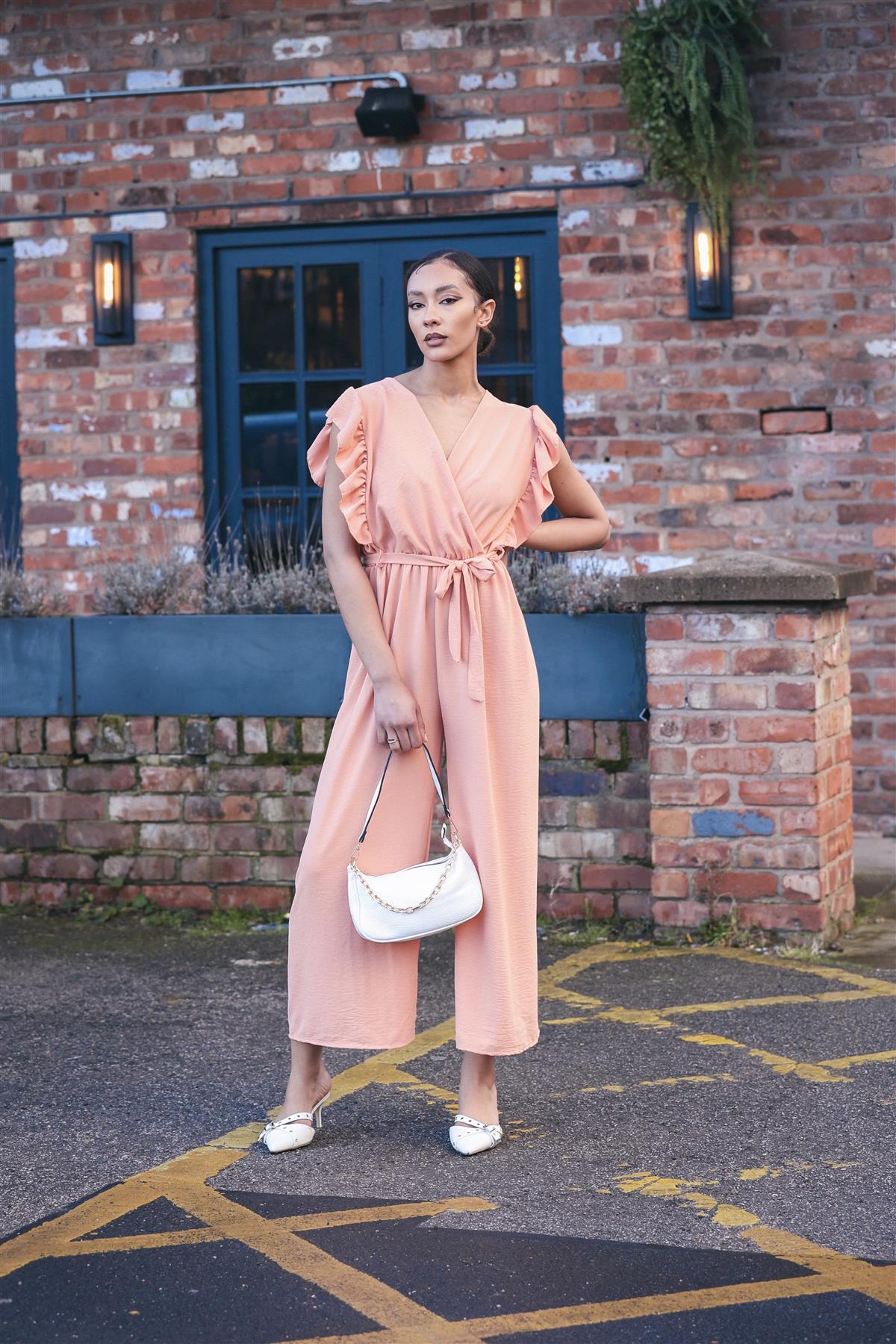 Plain Ruffle Sleeve Wrapover Belted Jumpsuit