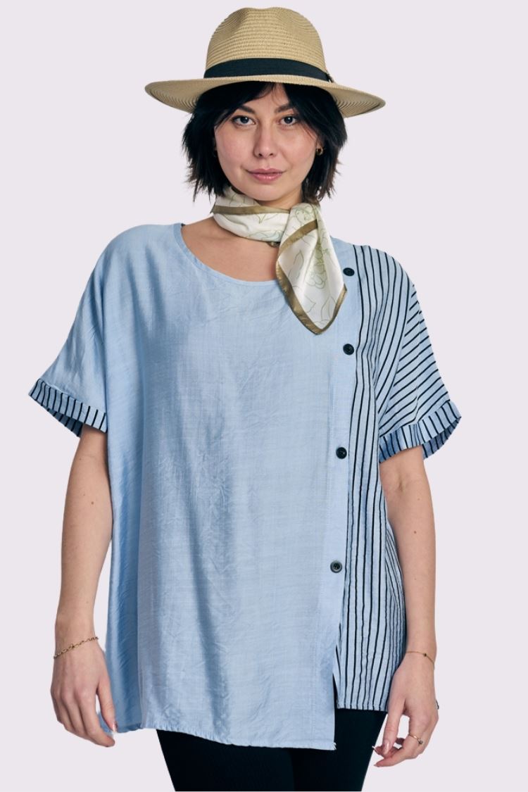 Stripe Print Side Button Detail Cotton Top