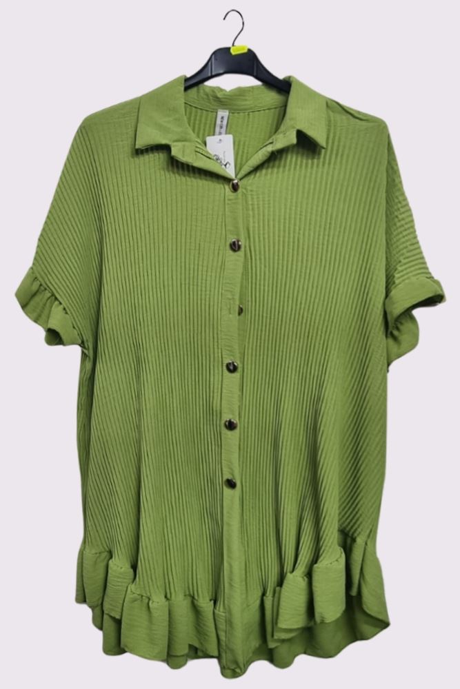 Corduroy Ruffle Hem Button Closing Shirt