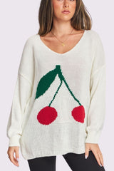 Cherry Pattern Knit Cuffed Sleeve Jumper