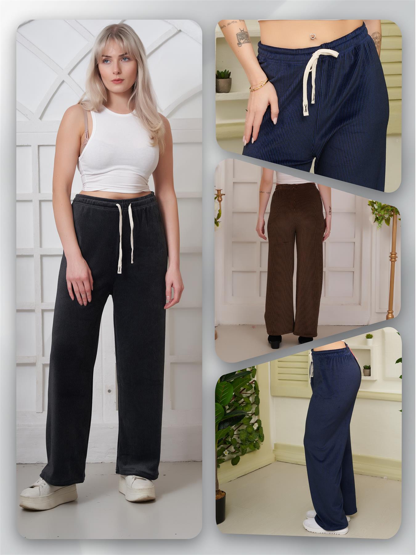 Plain Ribbed Wide Leg Trousers