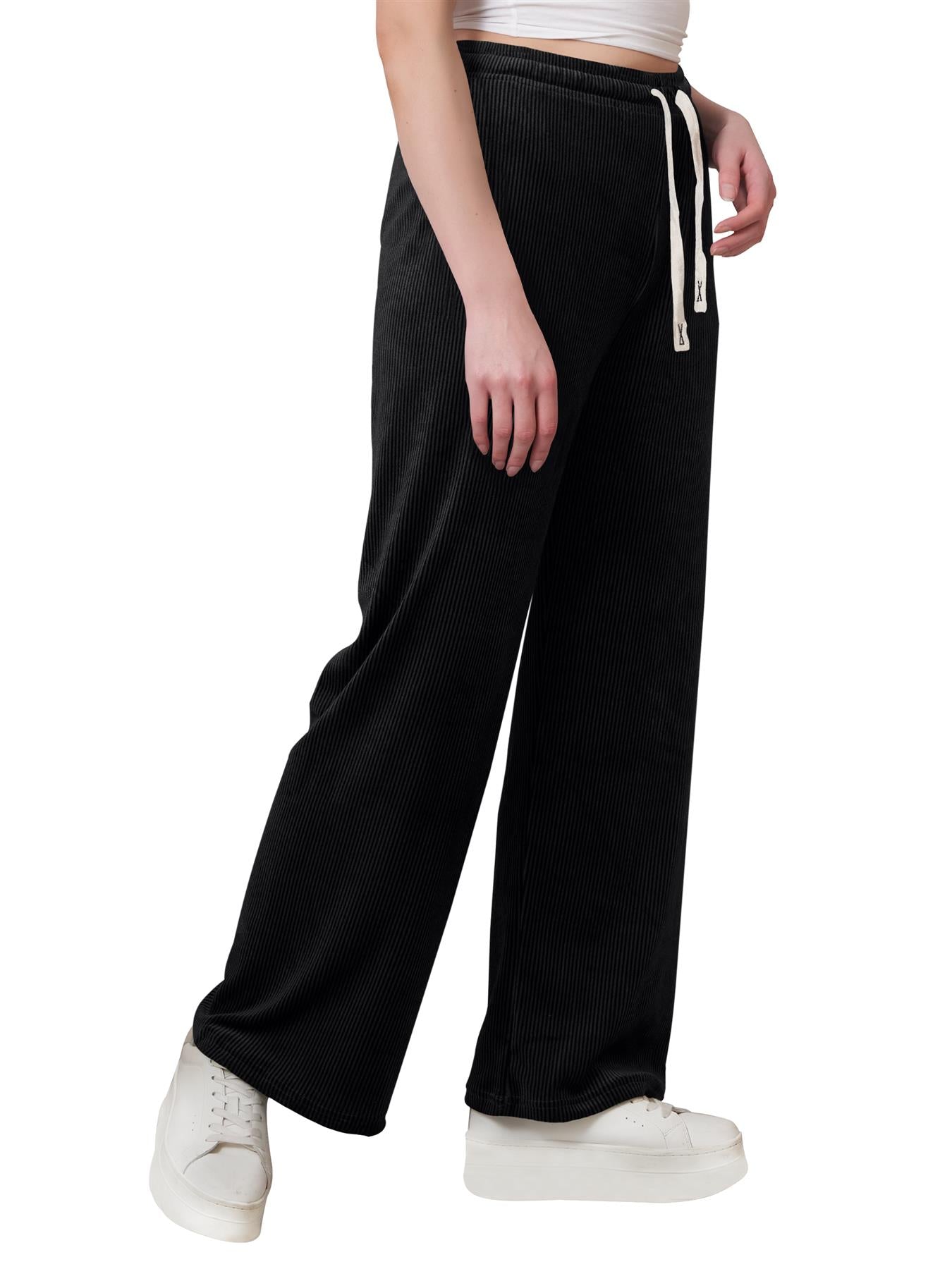 Plain Ribbed Wide Leg Trousers