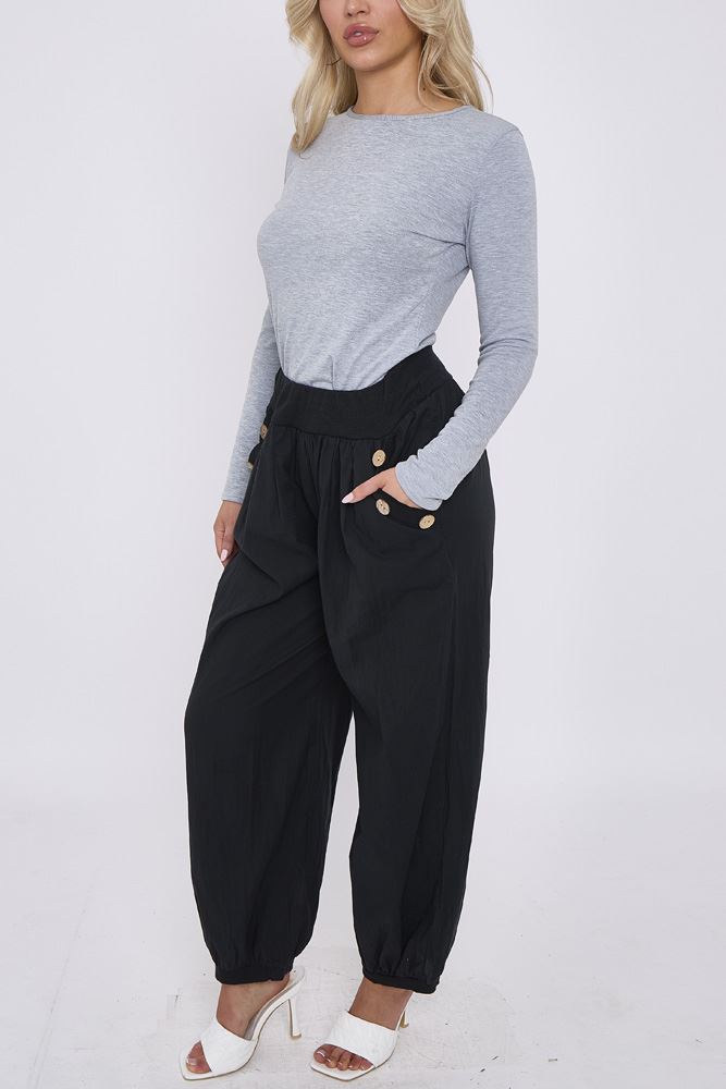 Plain Cuffed Hem Side Button Pocket Hareem Pants