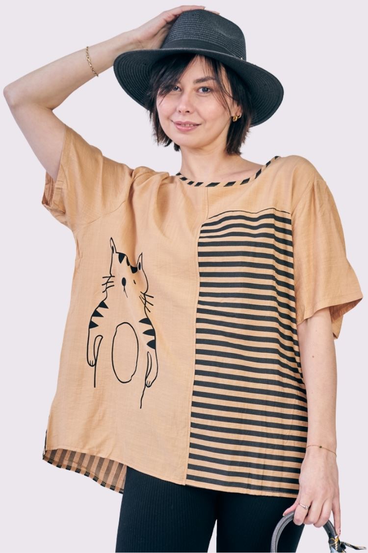 Stripe Colour Block Cat Print Cotton Top