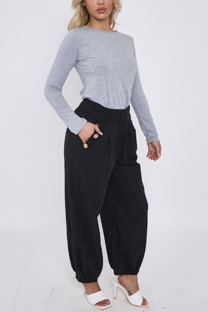 Plain Cuffed Hem Side Button Pocket Hareem Pants