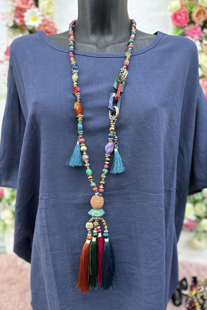 Multicoloured Beaded Tassel Necklace