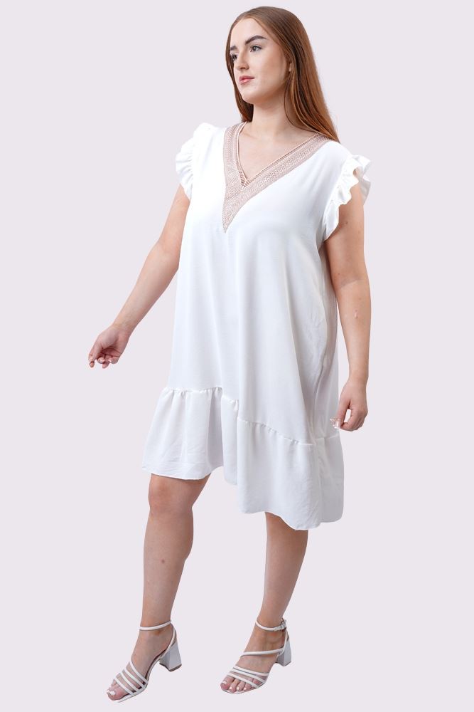 Plain Embroidered Neck Flared Hem Dress