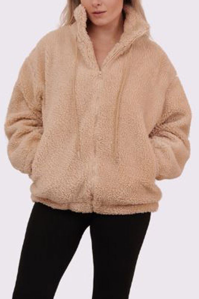 Plain Zip Up Fux Fur Drawstring Jacket