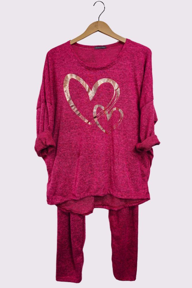 Marl Pattern Foil Print Elastic Waist Rose Gold Foil Heart Print Loungewear