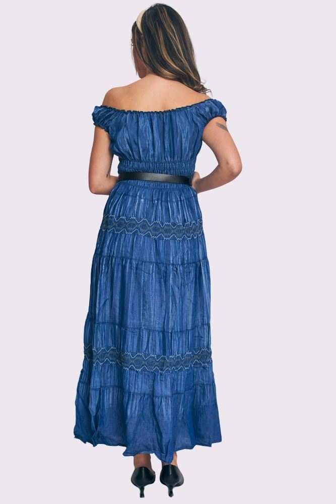 Embroidered Pattern Shirred Waist Tiered Denim Cotton Dress