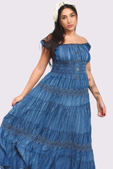 Embroidered Pattern Shirred Waist Tiered Denim Cotton Dress