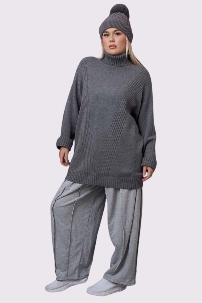 Ribbed Stripe Pattern Cowl Neck Tunic Jumper