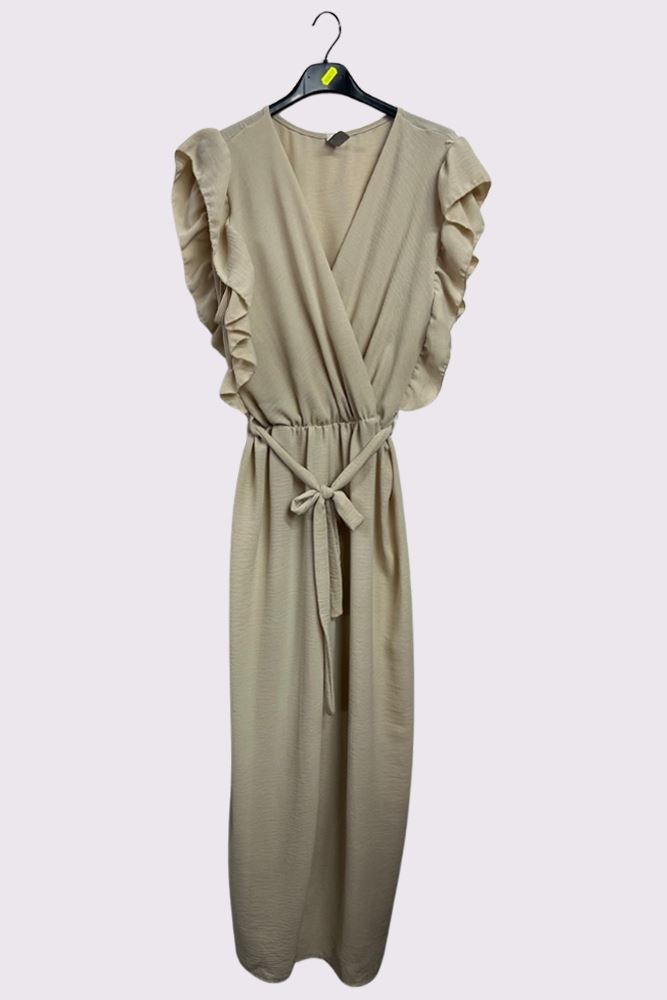 Plain Ruffle Sleeve Wrapover Belted Jumpsuit