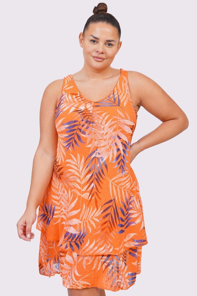 Tropical Leaves Print Layered Hem Cotton Dress