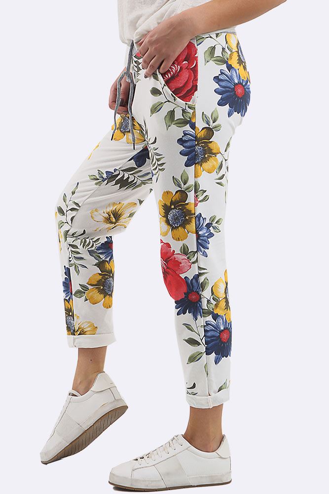 Cotton Big Rose Print Drawstring Trouser