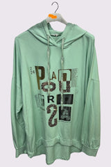 Foil Alphabet Pattern Oversized Dip Hem Drawstring Hooded Cotton Top