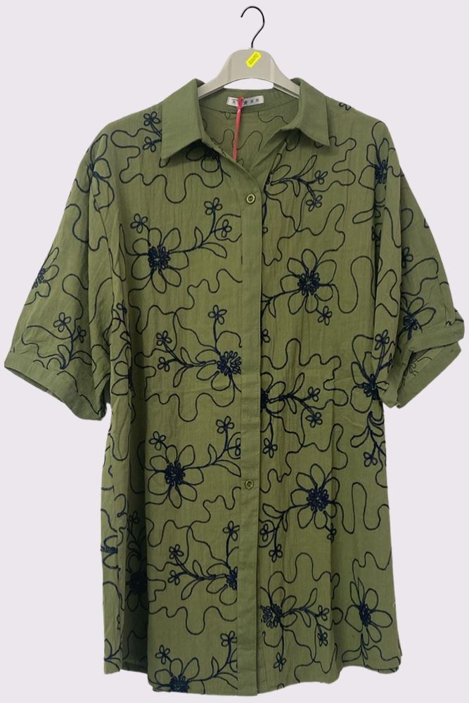 Embroidered Floral Pattern Button Up Cotton Shirt